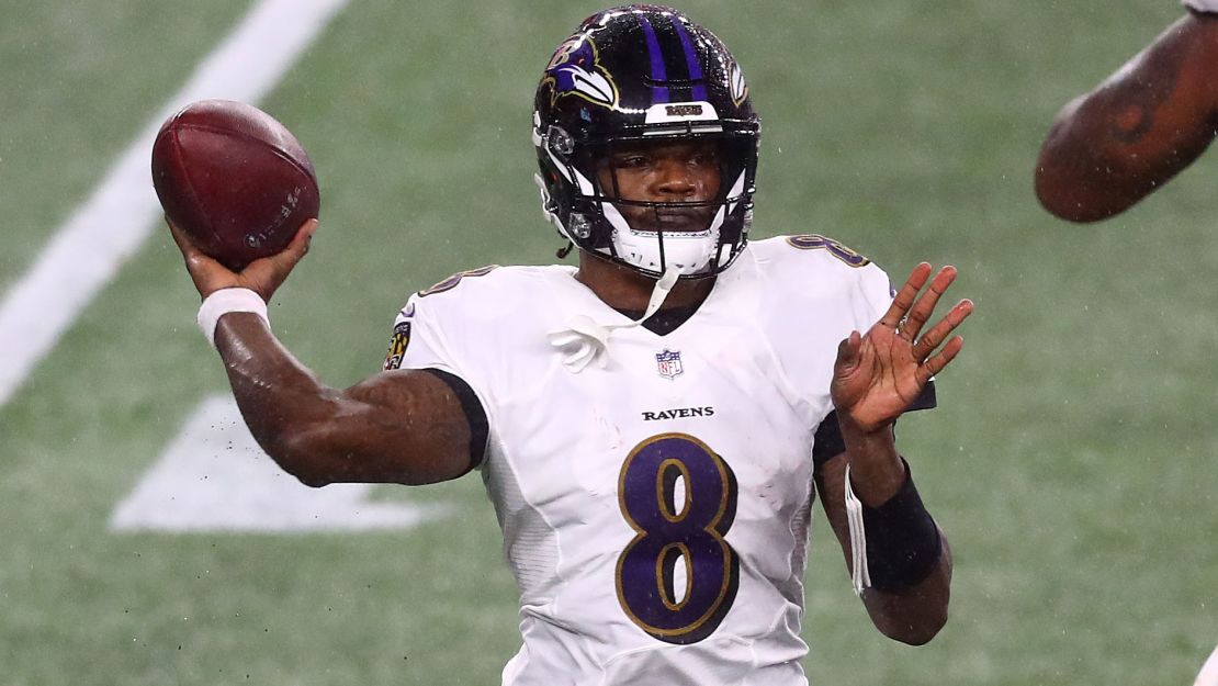 Lamar Jackson passes in a game against the New England Patriots last month.