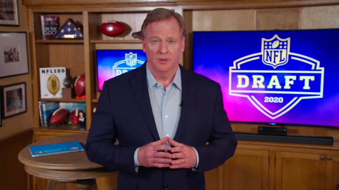 NFL commissioner Roger Goodell speaks from his home in Bronxville, New York during the first round of the 2020 NFL Draft in April.