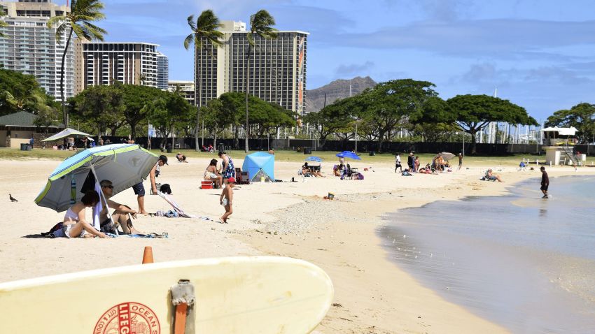 Fewer-than-usual people are seen at Ala Moana Beach in Honolulu, Hawaii, on July 29, 2020, amid the novel coronavirus outbreak. (Photo by Kyodo News via Getty Images)