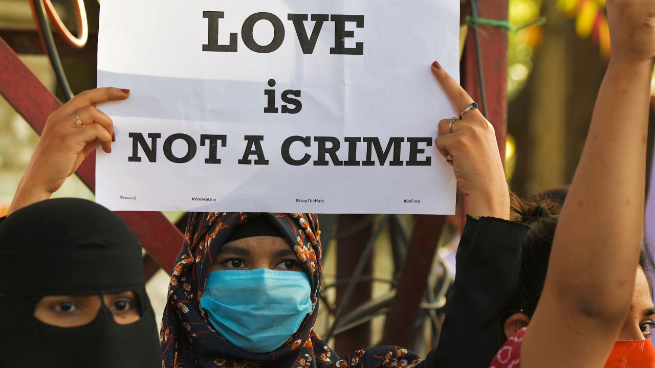 A protester during a demonstration in opposition to proposed laws against "Love Jihad," in Bangalore on December 1, 2020.