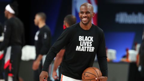 Chris Paul, #3 of the Oklahoma City Thunder smiles during the game against the Houston Rockets during Round One Game Seven of the NBA Playoffs on September 2, 2020 at The AdventHealth Arena at ESPN Wide World Of Sports Complex in Orlando, Florida.