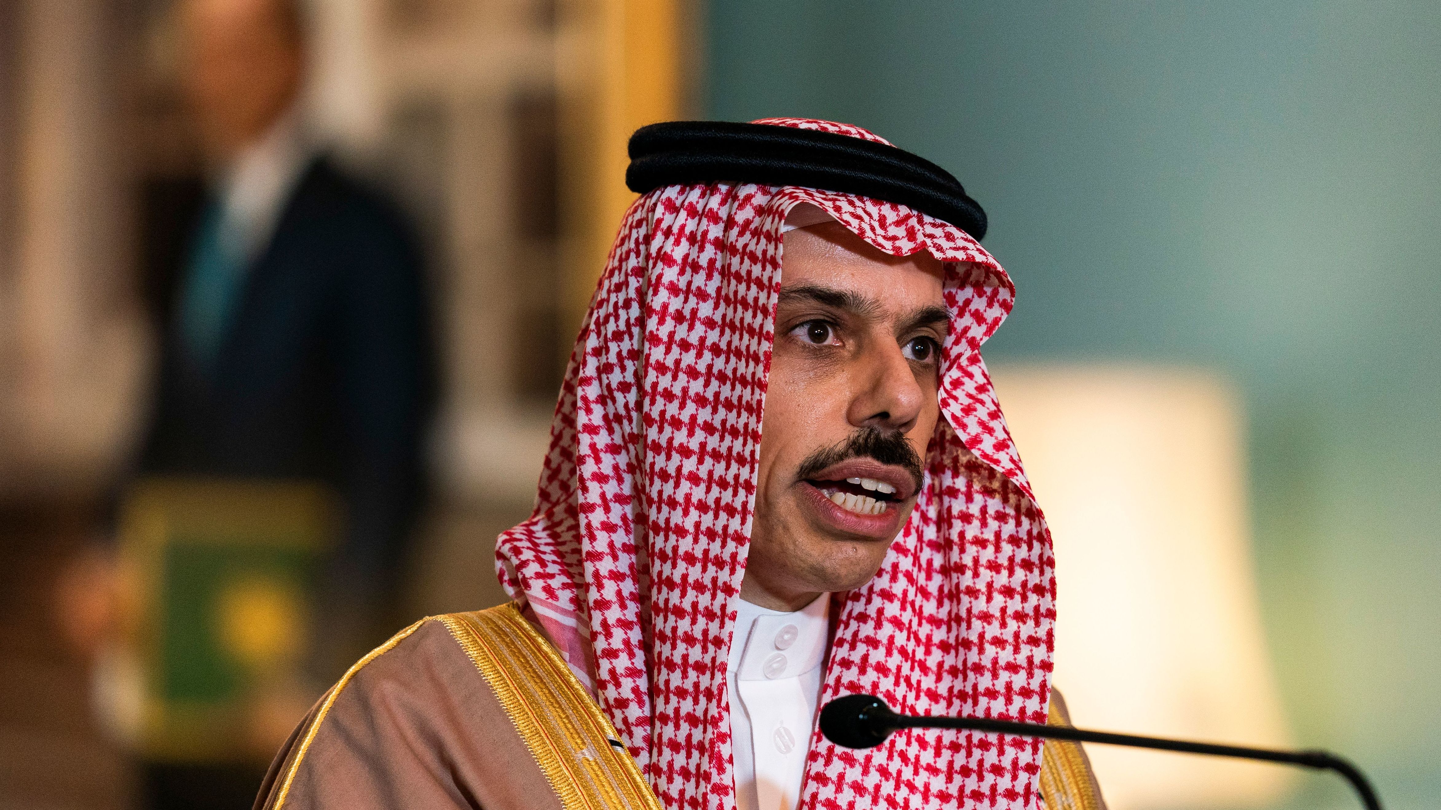 Saudi Foreign Minister Prince Faisal bin Farhan al-Saud speaks at the State Department in October.