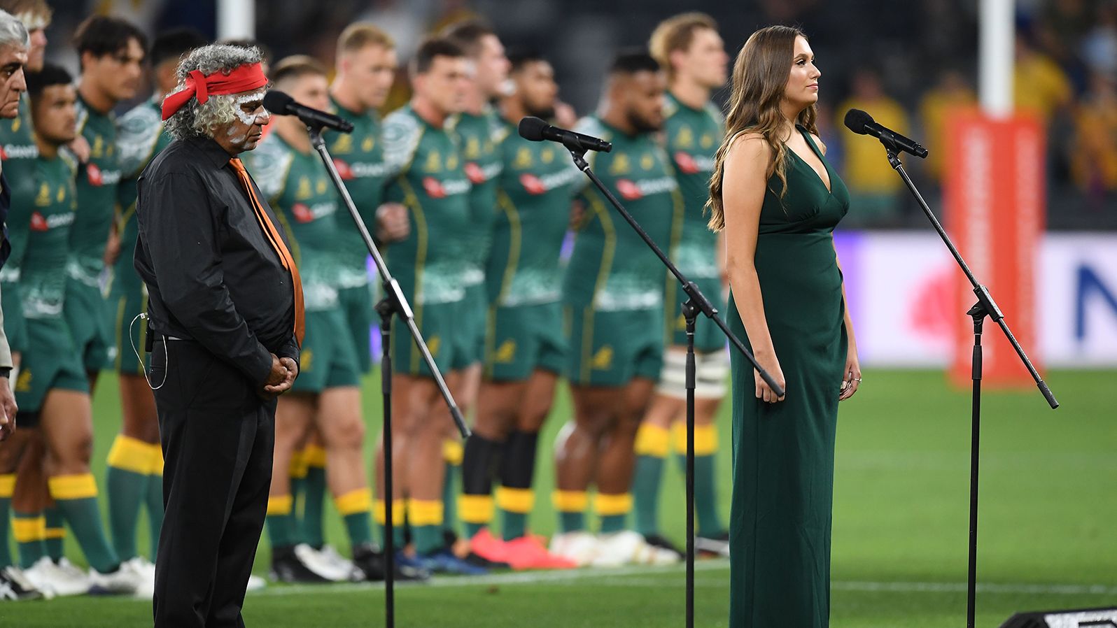 Olivia Fox sings Australia's National Anthem in the traditional Eora language during the Tri Nations rugby match between Argentina's Pumas and Australia's Wallabies at Bankwest Stadium, Sydney, Australia, December 5, 2020.