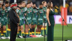 Editorial use onlyMandatory Credit: Photo by DEAN LEWINS/EPA-EFE/Shutterstock (11176484b)Olivia Fox sings Australia's National Anthem in the traditional Era language during the Tri Nations rugby match between Argentina's Pumas and Australia's Wallabies at Bankwest Stadium, Sydney, Australia, 05 December 2020.Australia vs Argentina, Sydney - 05 Dec 2020