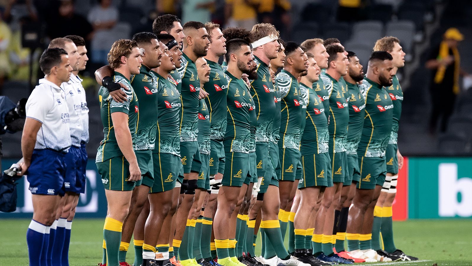 Australia sings the national anthem during the Tri-Nations rugby match between the Australian Wallabies and Argentina Pumas on December 5, 2020 in Sydney.