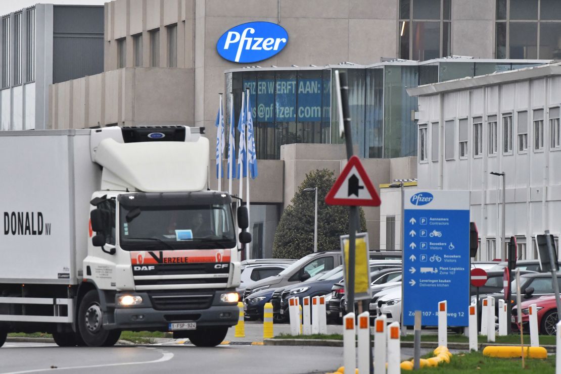 A temperature-controlled cold storage haulage truck leaves the Pfizer facility in Puurs, Belgium, on December 3, 2020.