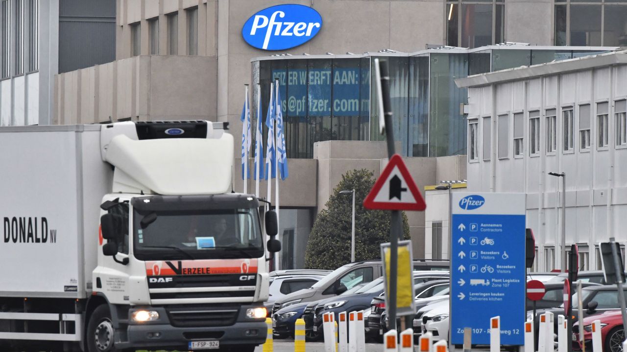 A temperature-controlled cold storage haulage truck leaves the Pfizer facility in Puurs, Belgium, on December 3, 2020.