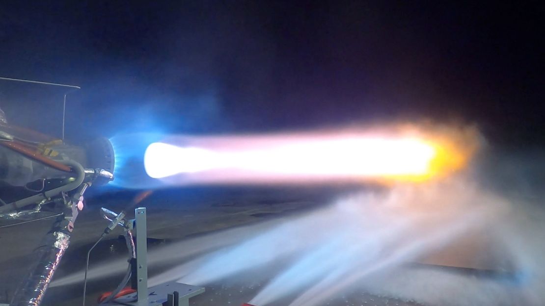 A photo from the fourth thrust chamber test series of the BE-7 engine at NASA Marshall, which lasted 10 seconds.