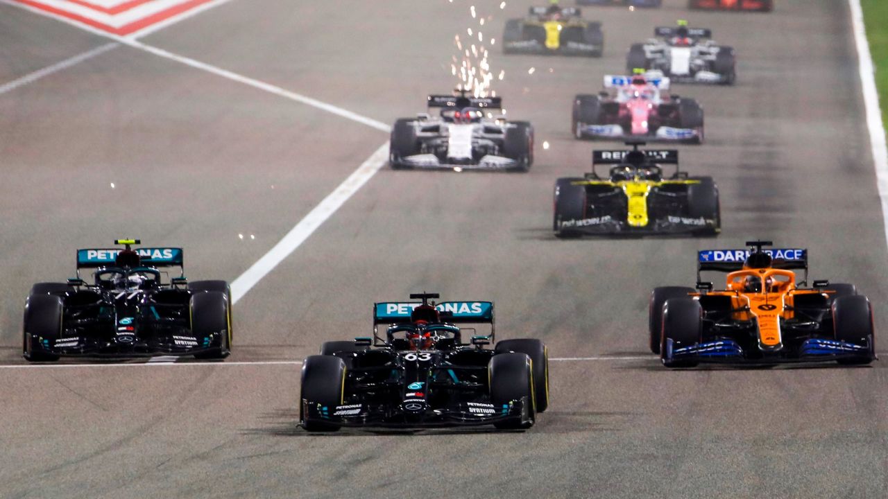 George Russell, center, led for much of the Sakhir Grand Prix. 