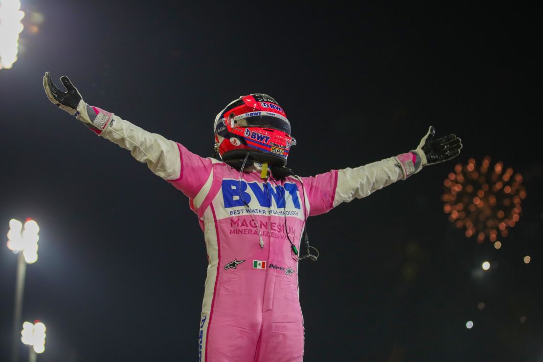 Sergio Perez celebrates his winning his first Grand Prix on Sunday, December 6.