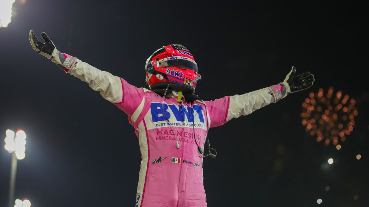 Sergio Perez celebrates his winning his first Grand Prix on Sunday, December 6.