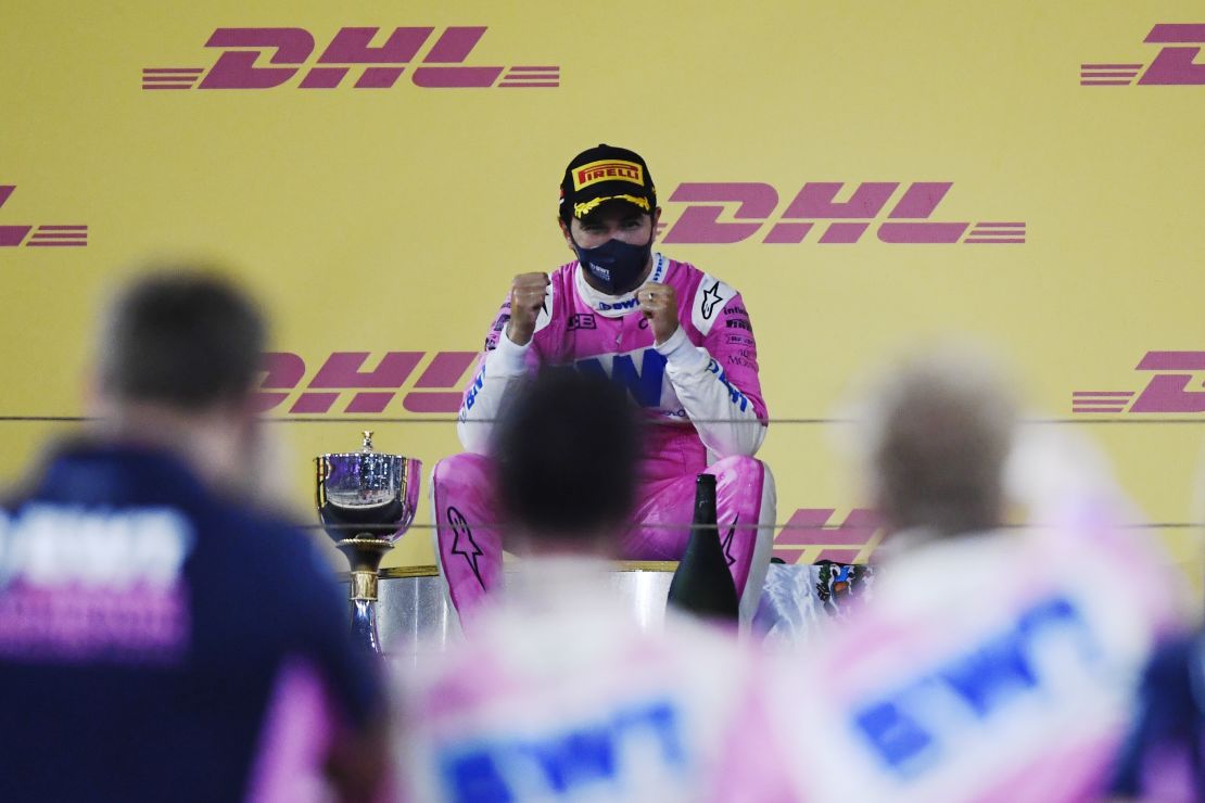 Perez sits atop the podium at the Sakhir Grand Prix in Bahrain on Sunday, December 6.