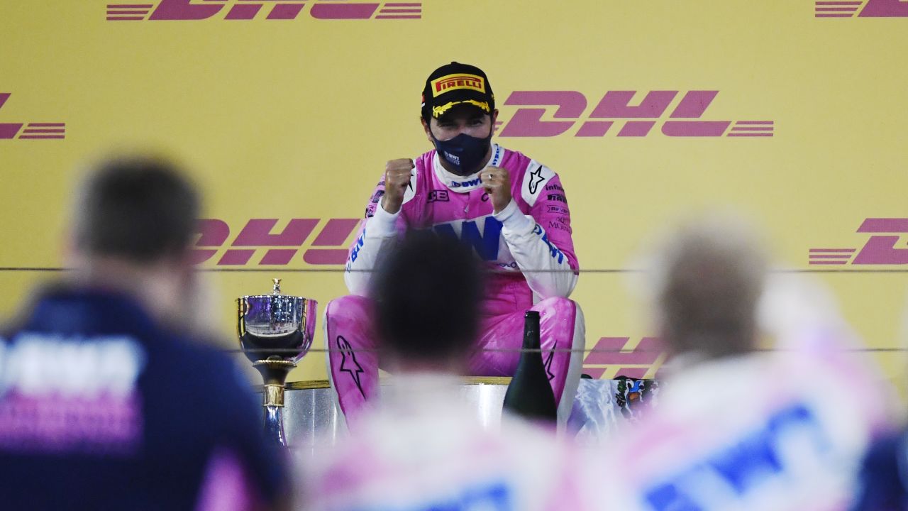 Perez sits atop the podium at the Sakhir Grand Prix in Bahrain on Sunday, December 6.
