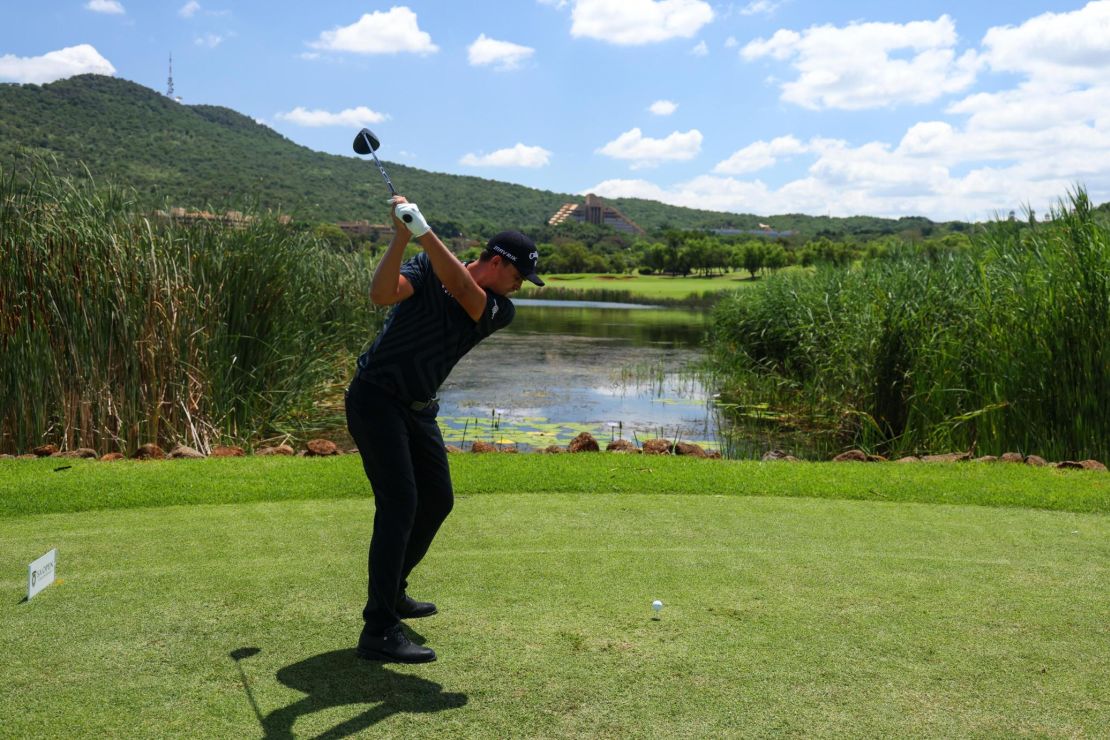 Bezuidenhout tees off on the 8th hole during the final round of the South African Open.