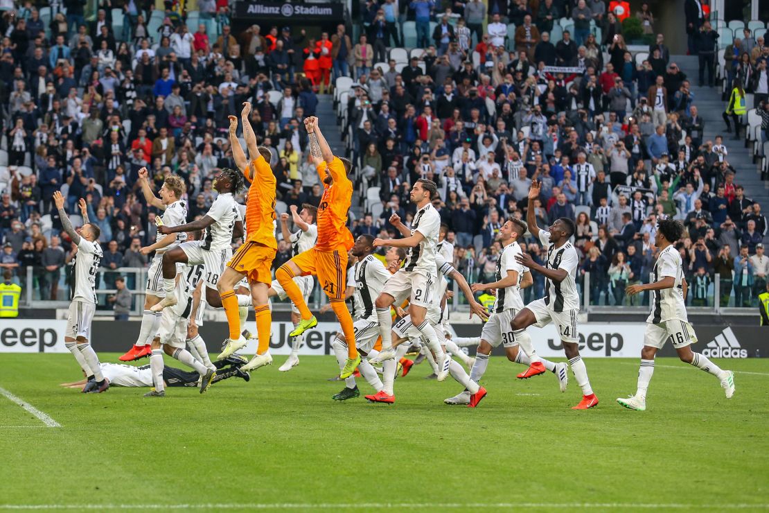 Juventus players celebrate after wining the leaue title in April, 2019. 