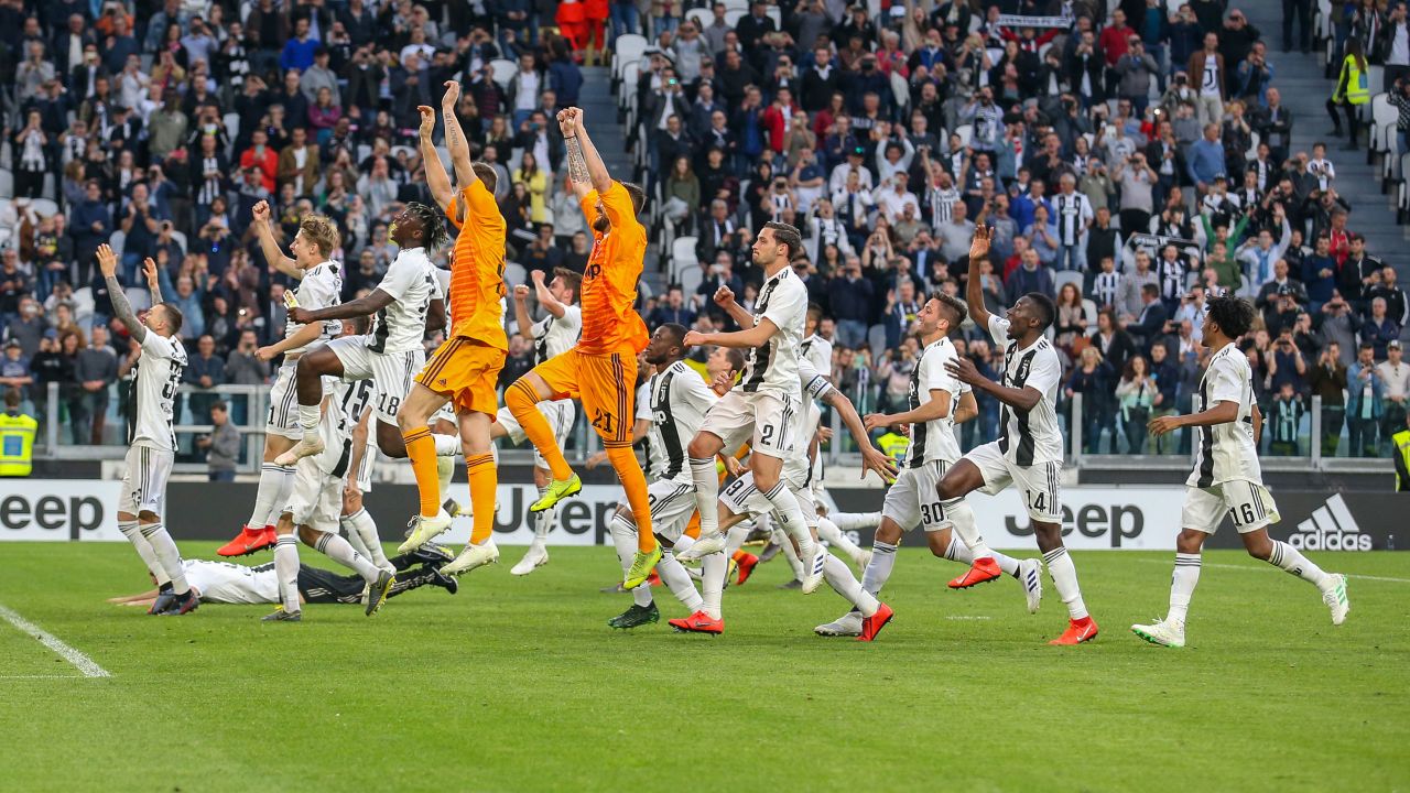 Juventus players celebrate after wining the leaue title in April, 2019.