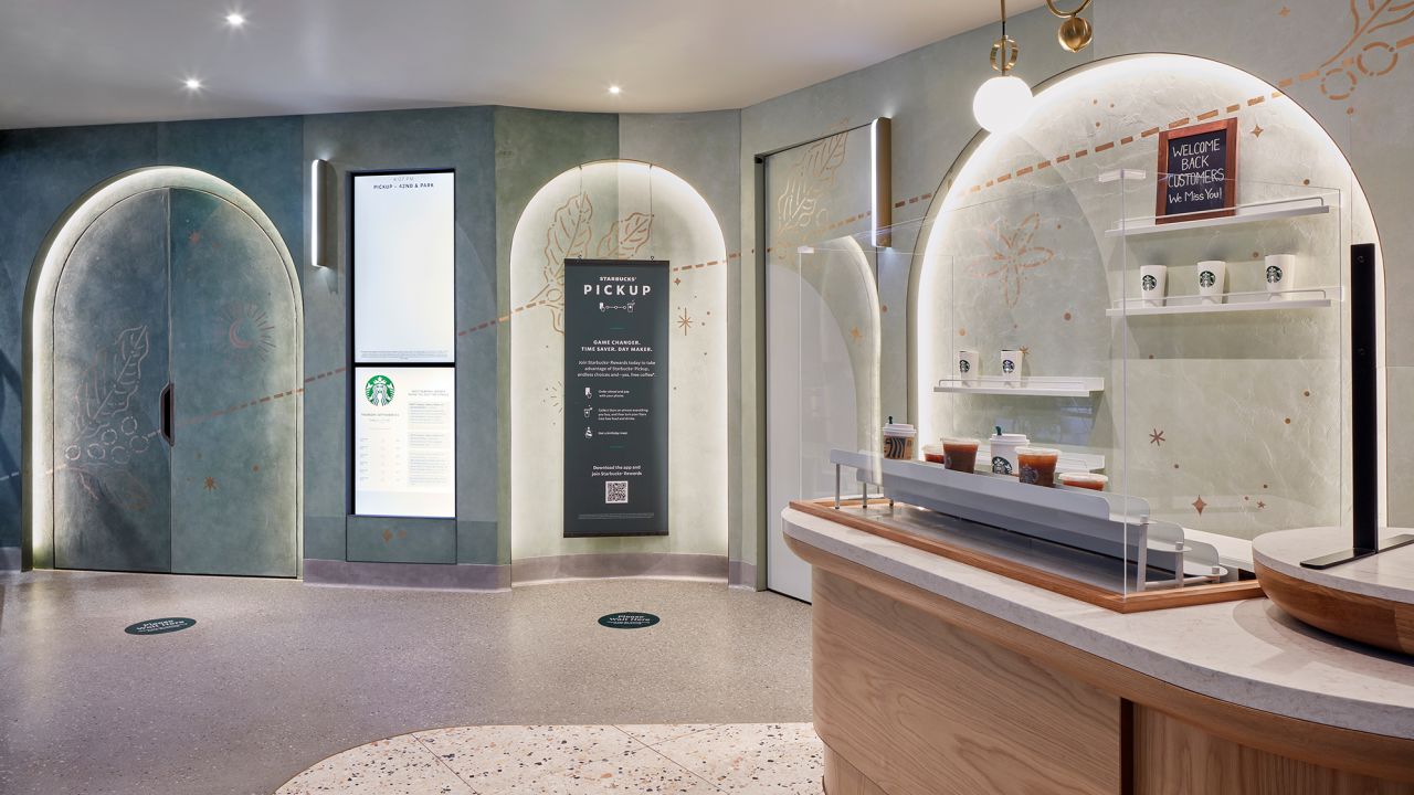 The interior of a Starbucks Pickup location in New York City.