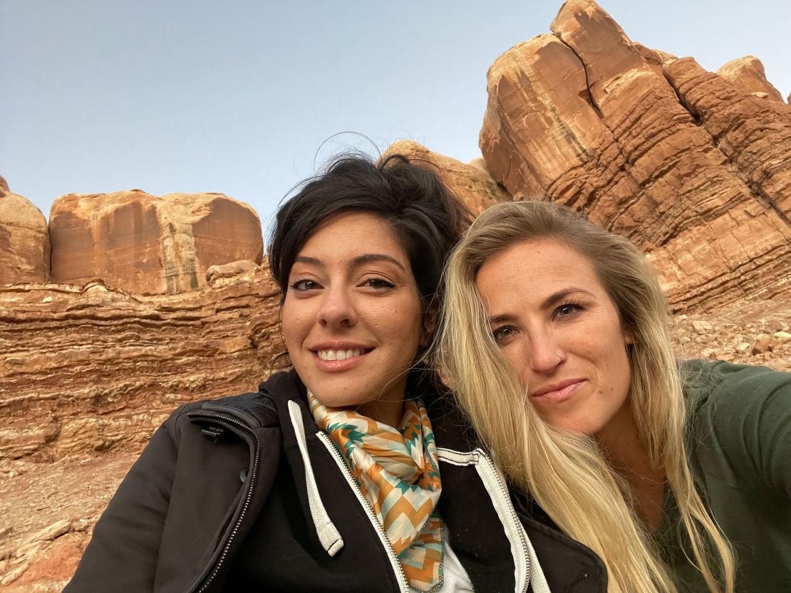 Artemis Moshtaghian, left, and Jaide Timm-Garcia couldn't pass by the awe-inspiring Navajo Twin Rocks in Bluff, Utah, without stopping.