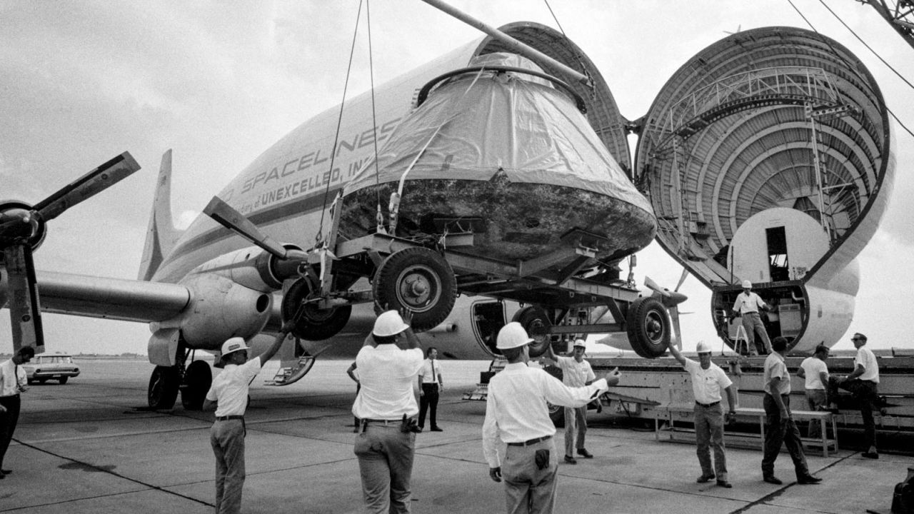 The Apollo 11 spacecraft Command Module is loaded aboard a Super Guppy.