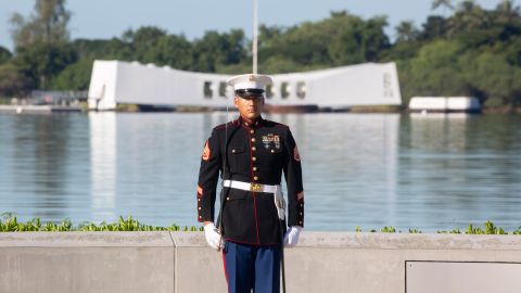 The U.S. Marine Corps gives the rifle salute during the 2019 ceremony at the USS Arizona.