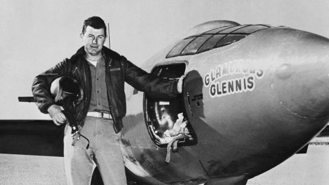 Captain Chuck Yeager besides the Bell X-1 in 1949.