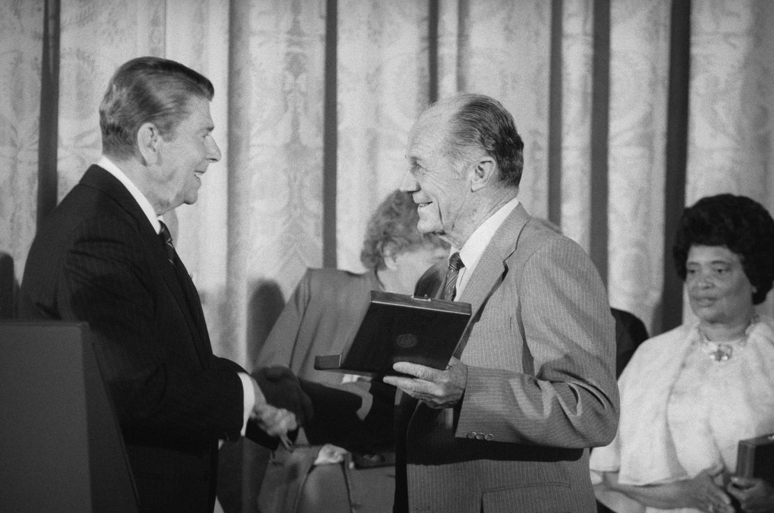 President Ronald Reagan presents the Presidential Medal of Freedom, the nation's highest civilian award, to Chuck Yeager at a White House luncheon in 1985.