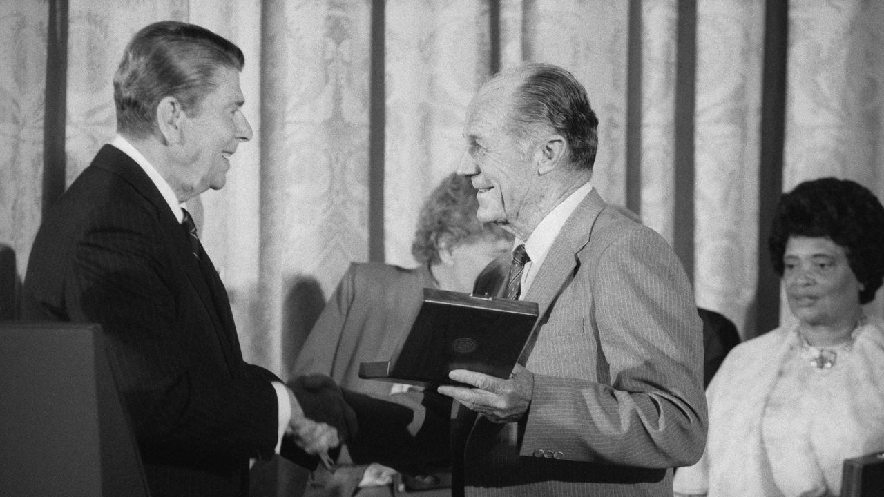 President Ronald Reagan presents the Presidential Medal of Freedom, the nation's highest civilian award, to Chuck Yeager at a White House luncheon in 1985.