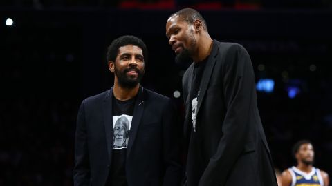 Harden reportedly wants a move to the Brooklyn Nets to form a super team with Kyrie Irving (left) and Kevin Durant (right).