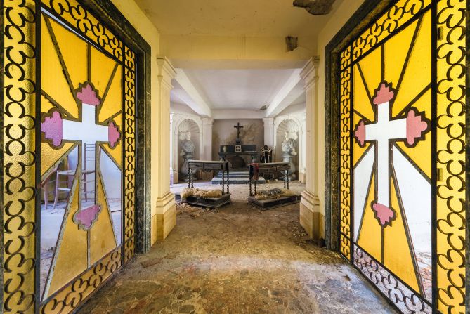 Orthodox crosses adorn two large stained glass panels at a crypt in northwest Italy's Liguria region.