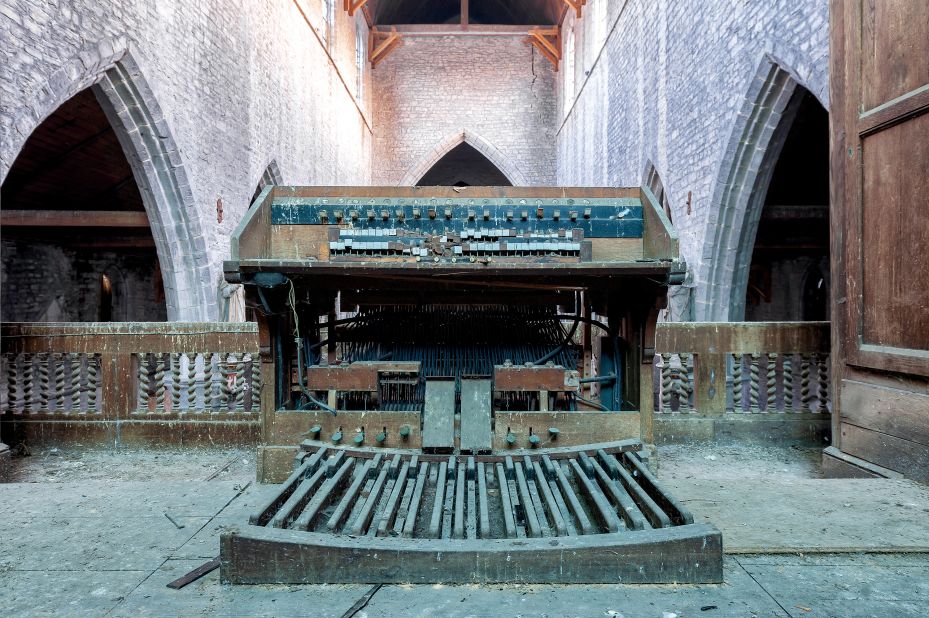 A badly damaged organ at a church in Hainaut, Belgium.