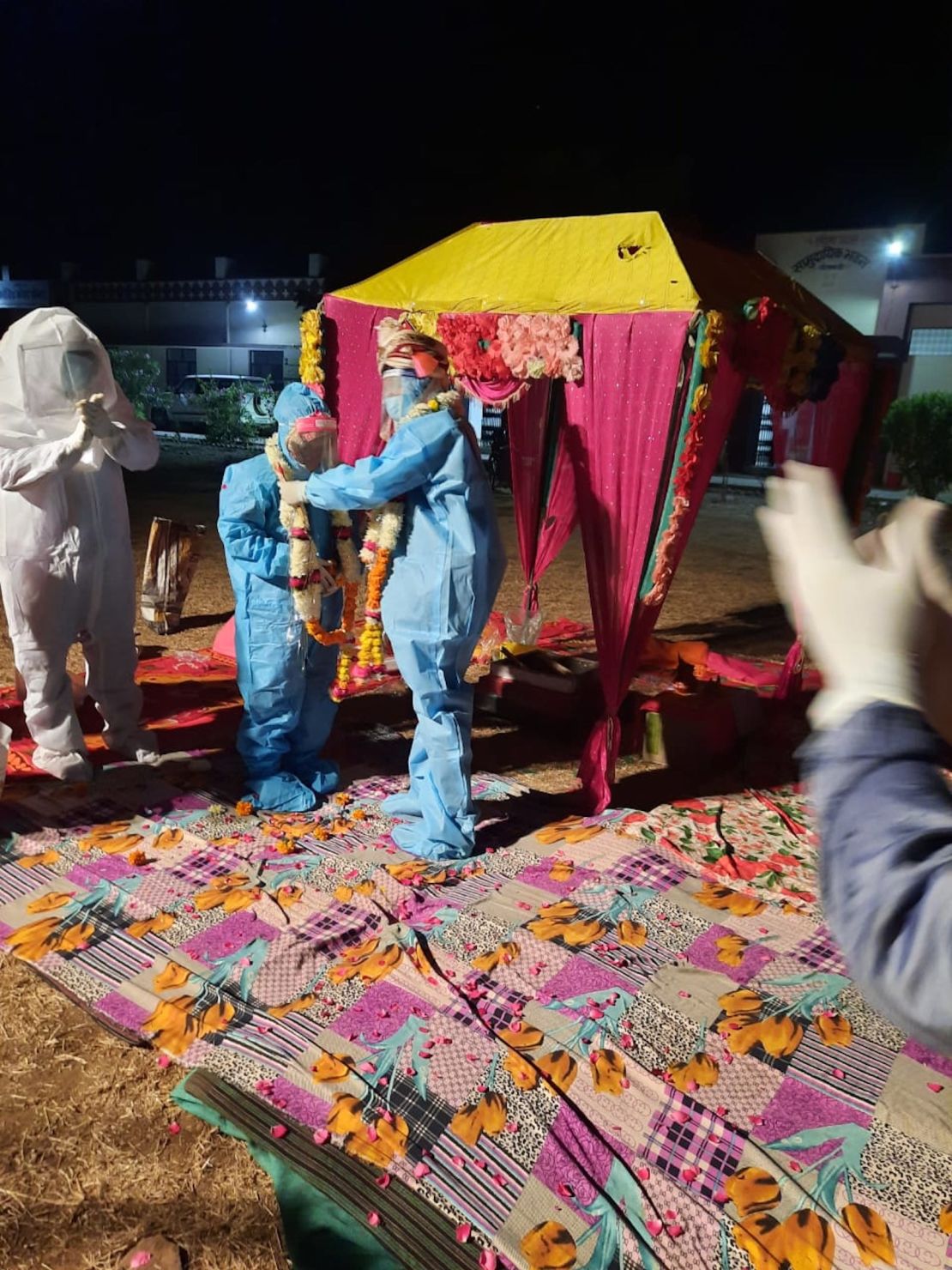 The bride and groom exchange garlands in Baran, Rajasthan, India.