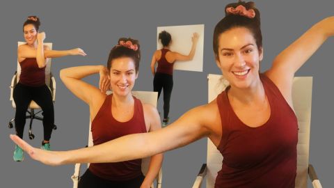 Stephanie Mansour, host of PBS' "Step It Up With Steph," shares a quick routine to help loosen up stiff shoulders that's easy to do in the middle of the workday. 