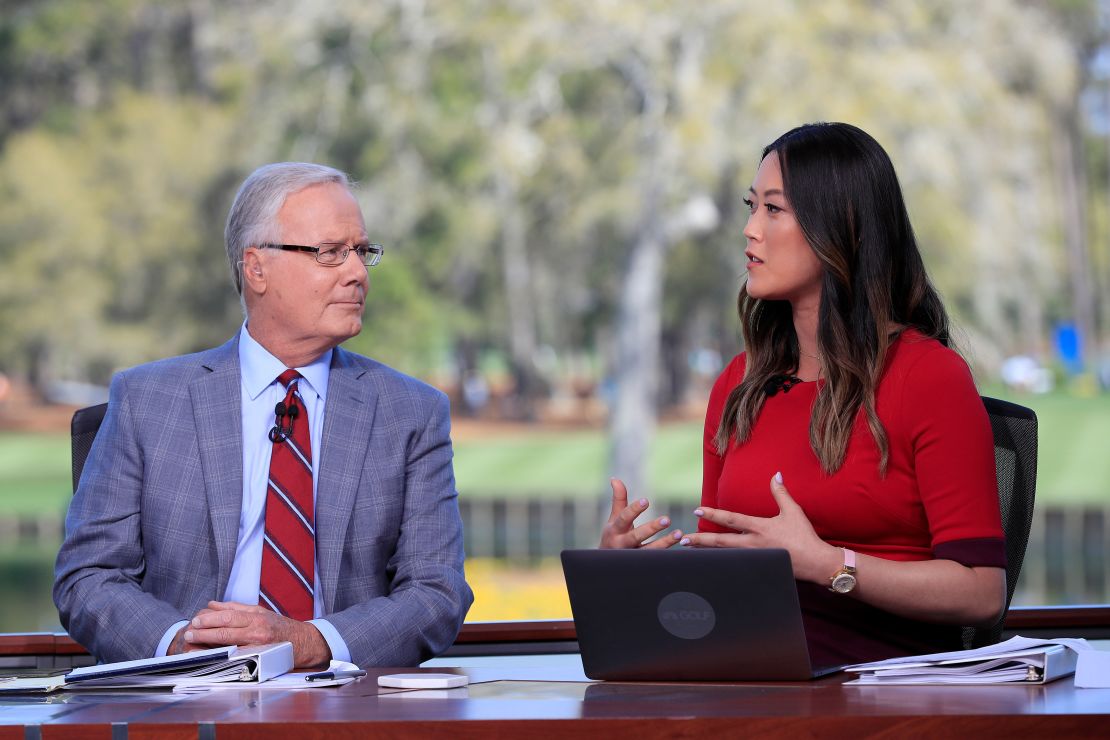 Wie West and Mark Rolfing on the Golf Channel set during a practice round prior to The Players Championship.