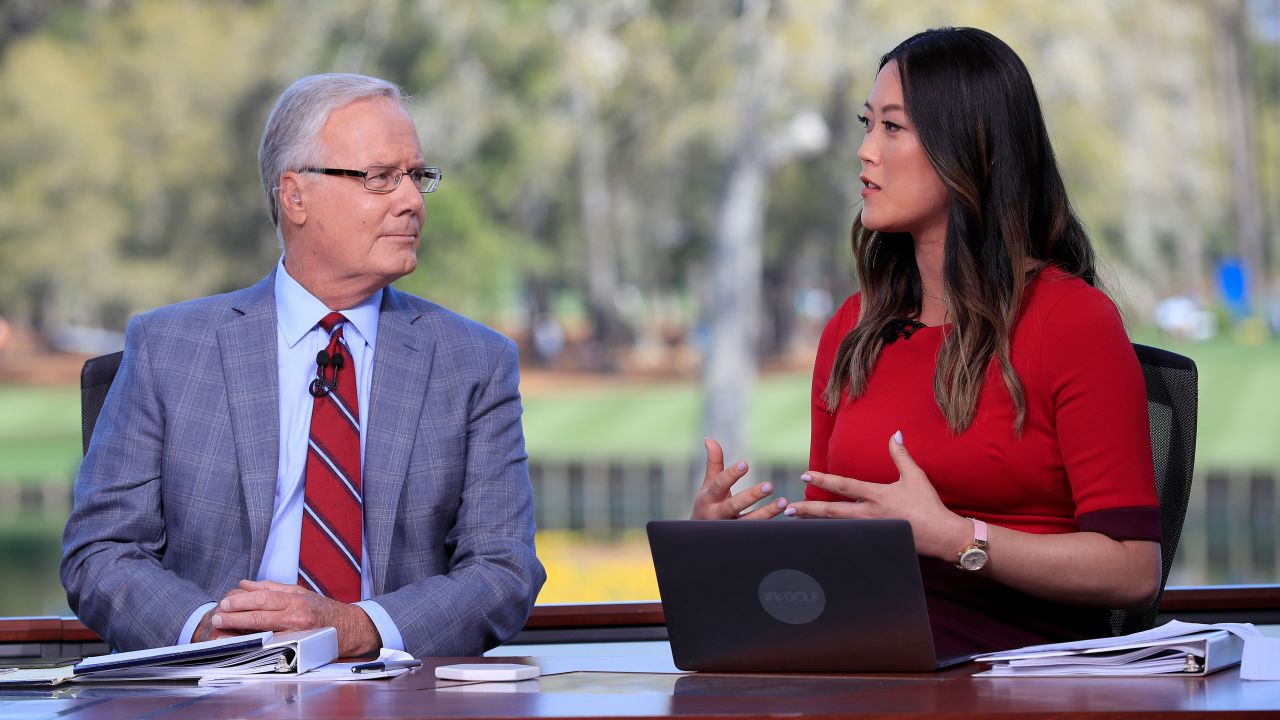 Wie West and Mark Rolfing on the Golf Channel set during a practice round prior to The Players Championship.