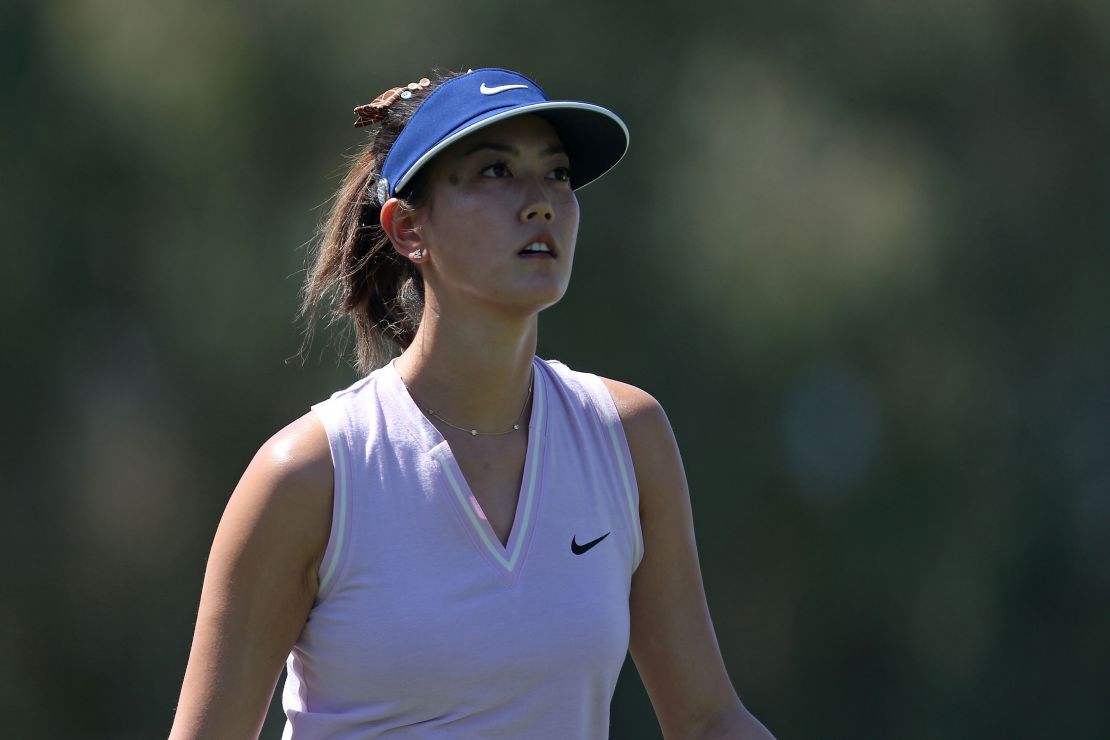 Wie after she has hit her tee shot on the 13th hole during the first round of the ANA Inspiration in 2019.