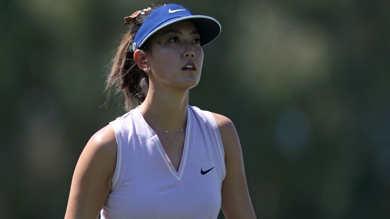Wie after she has hit her tee shot on the 13th hole during the first round of the ANA Inspiration in 2019.