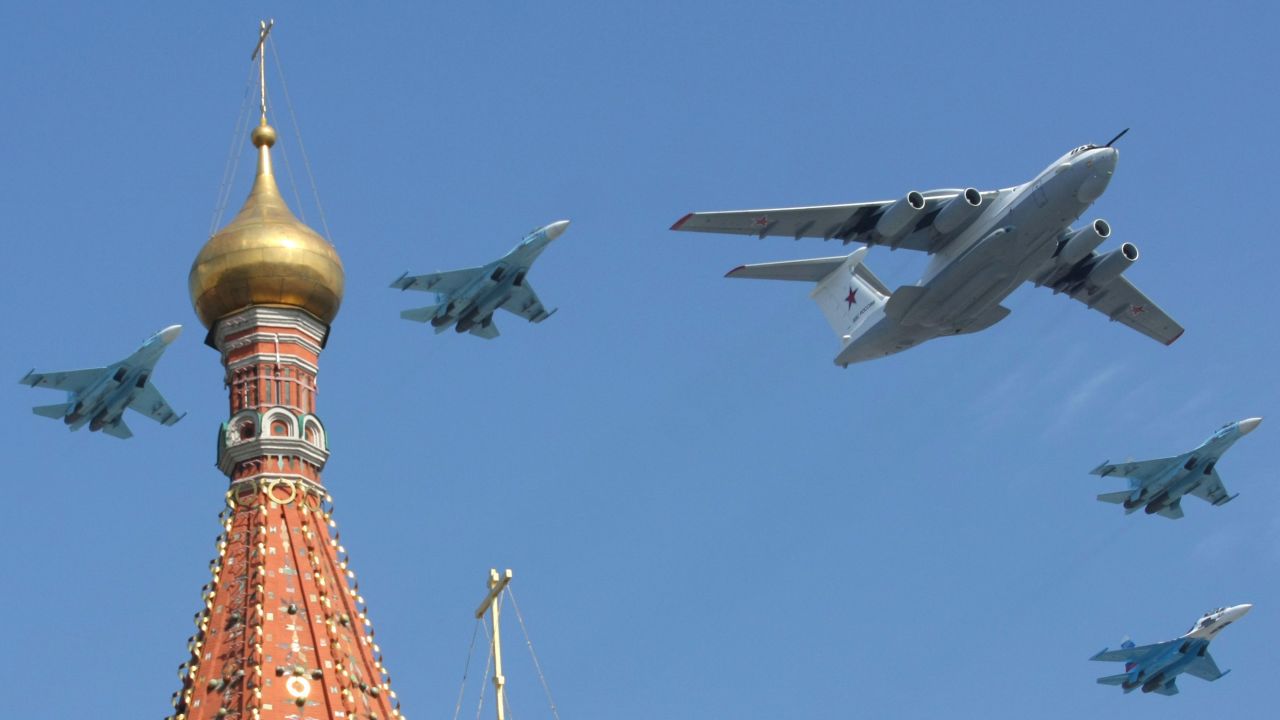 A Russian Il-80 plane and MiG-29 fighter jets fly over St. Basil's cathedral during the Victory Day parade in Moscow on May 9, 2010. t.    AFP PHOTO / ANDREY SMIRNOV (Photo credit should read ANDREY SMIRNOV/AFP via Getty Images)