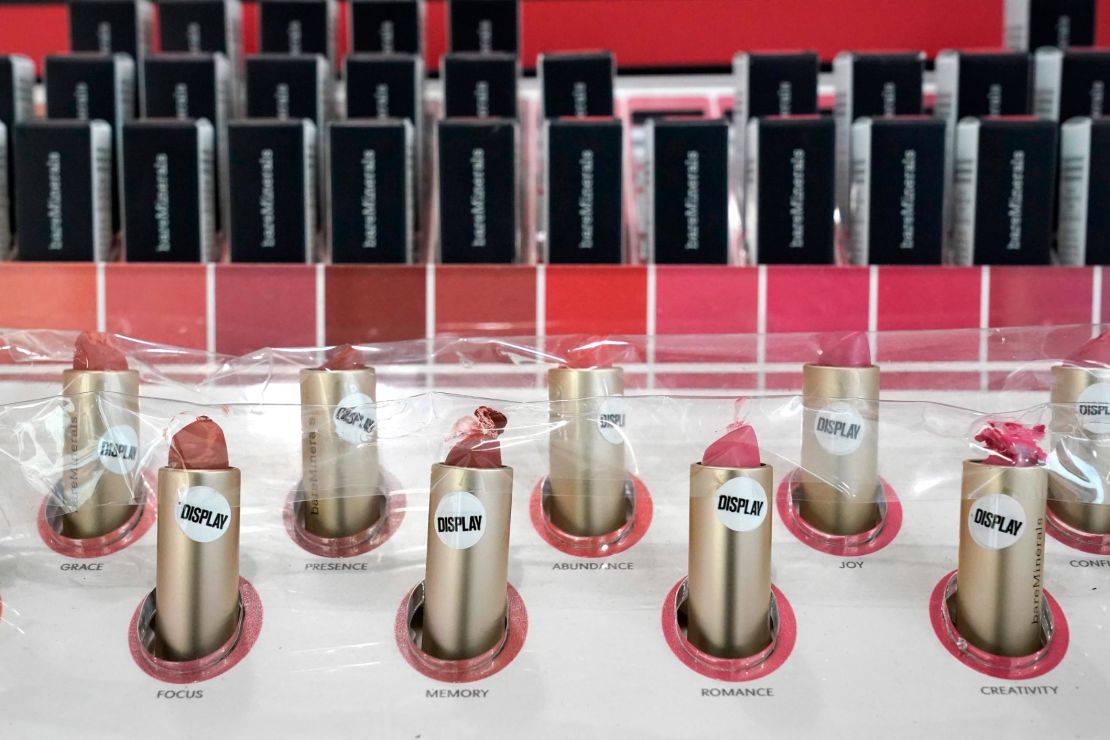 Lipstick samples are covered in plastic to prevent use at an Ulta beauty store in Chicago, Illinois on  November 19, 2020.