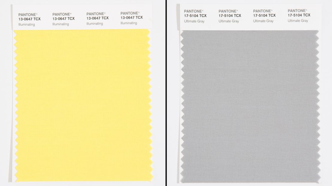 Pantone's swatches for its latest Colors of the Year: Illuminating, a vibrant light yellow, and Ultimate Gray, the first neutral shade to ever be selected.