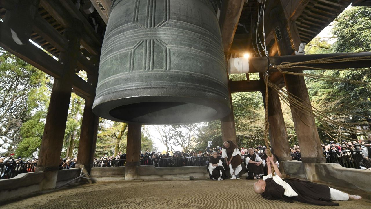 Monks at Chion-in temple in Kyoto conduct a rehearsal on December 27, 2019, for a bell-ringing ceremony on New Year's Eve.