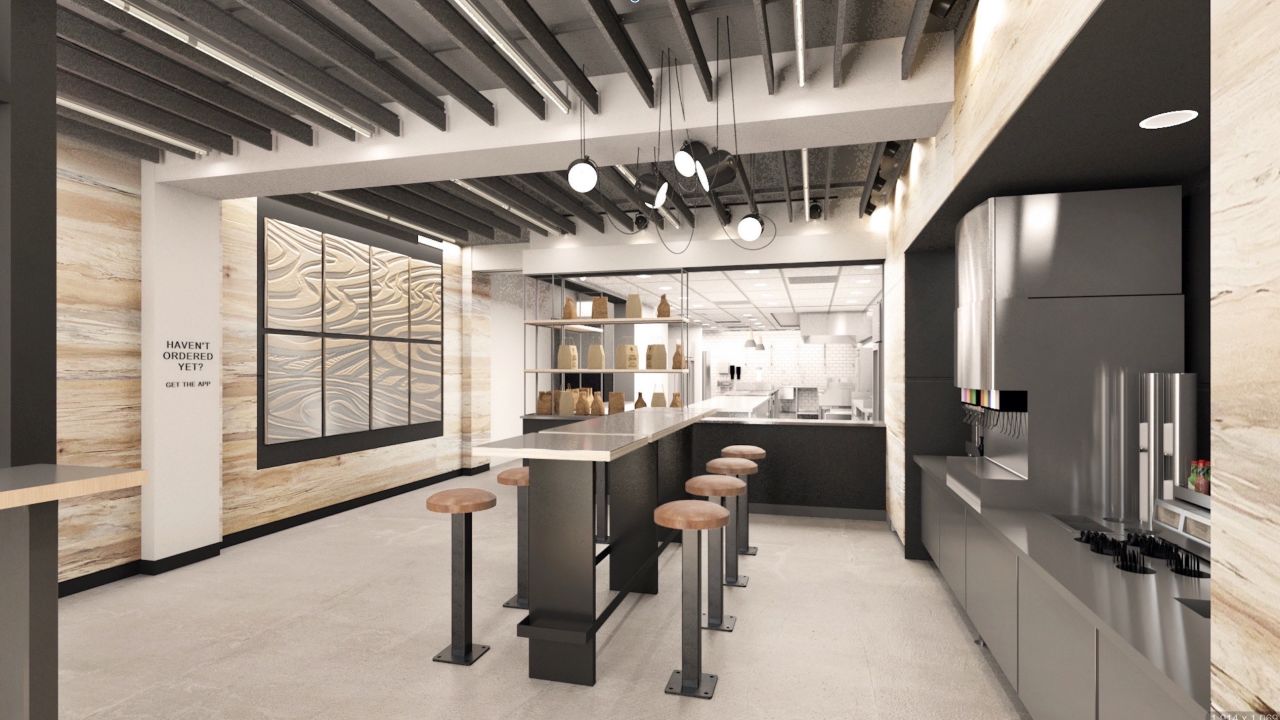 The interior of Chipotle's first-ever digital-only restaurant.