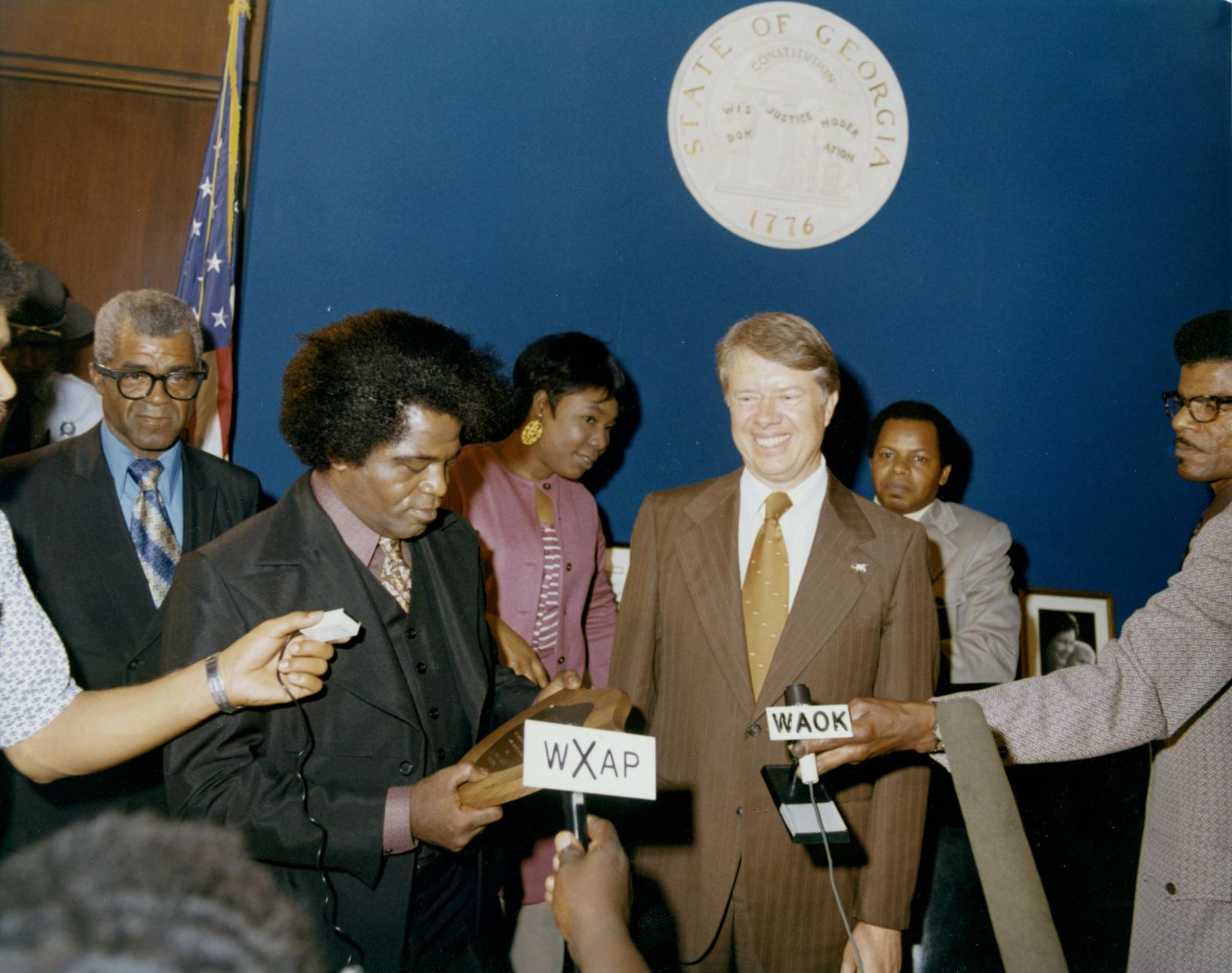 Godfather of Soul James Brown, seen here in 1972, is another music legend <a href="index.php?page=&url=https%3A%2F%2Fwww.theguardian.com%2Fmusic%2F2012%2Foct%2F30%2Fjimmy-carter-president-interview" target="_blank" target="_blank">who supported Carter's run</a> for presidential office. 