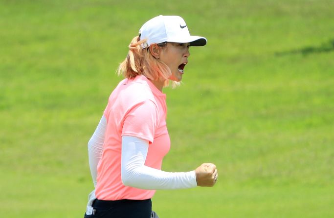 <strong>Title joy:</strong> Wie celebrates after winning the HSBC Women's World Championship in 2018, her last victory on the LPGA Tour.