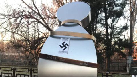 The stickers placed on the Anne Frank Memorial had swastikas with the words, "We are everywhere."