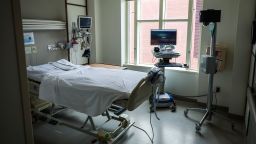 BOSTON, MA - APRIL 15: An empty room is set up and ready for a COVID-19 patient at Boston Medical Center in Boston on April 15, 2020. A camera is placed in the corner of the room to allow nurses and doctors to keep a close eye on the patient in case they roll off the bed or damage their tubes and wires. BMC has been hit hard by the coronavirus, reporting cases at the highest rate so far among major hospitals in the area, according to data tracked by the Globe. (Photo by Erin Clark/The Boston Globe via Getty Images)