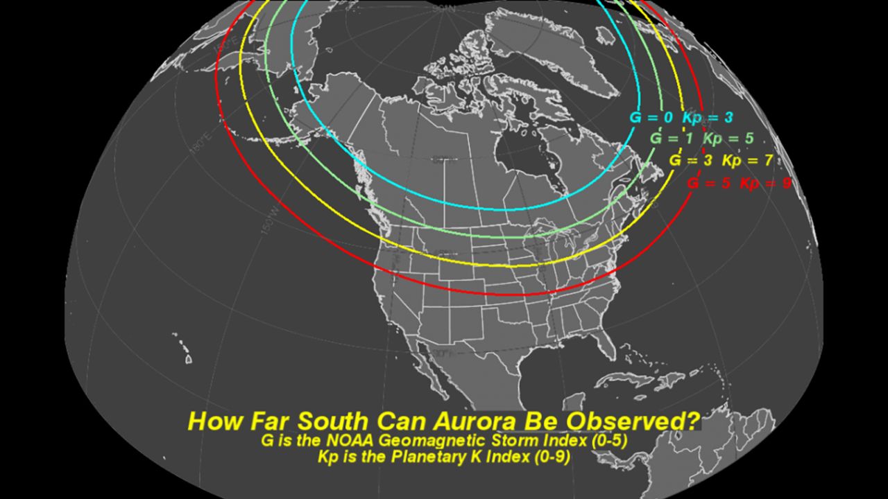NOAA's Geomagnetic Storm Index measures the intensity of solar activity and how far south the aurora borealis could be observed.