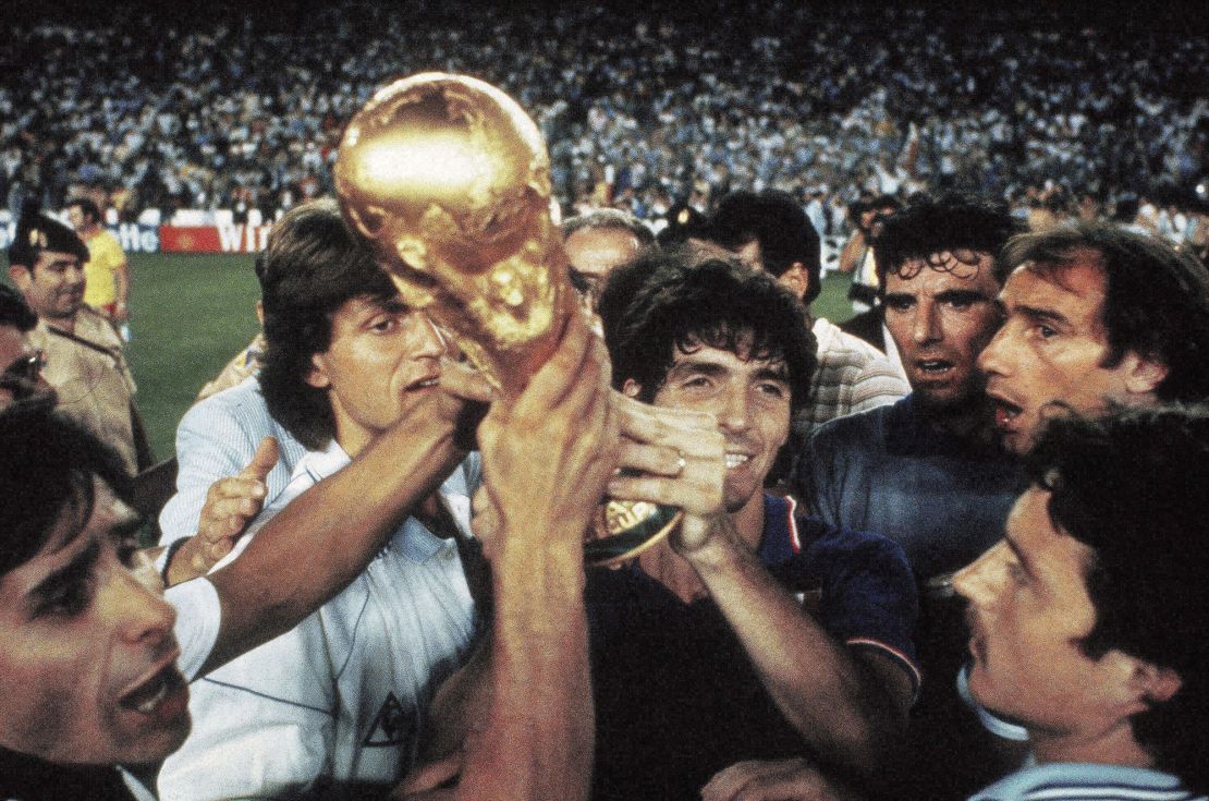Bruno Conti, Giancarlo Antognoni, Paolo Rossi, Dino Zoff, Francesco Graziani and Franco Selvaggi of Italy celebrate after winning the 1982 World Cup.
