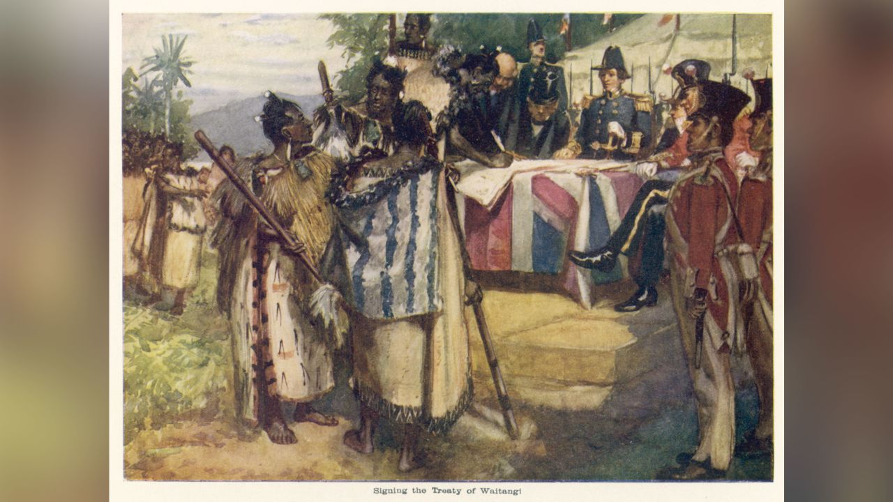 Photo by Historia/Shutterstock. Māori chiefs sign the Treaty of Waitangi in New Zealand on  February 6, 1840. 