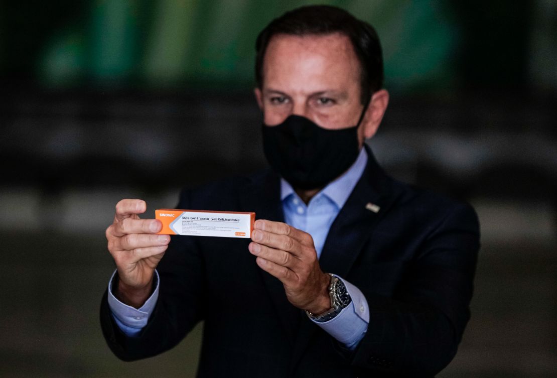 Sao Paulo Gov. Joao Doria holds a box of Sinovac's Coronavac vaccine during a news conference on November 19, 2020 in Sao Paulo, Brazil.