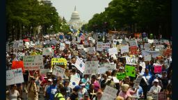 WASHINGTON, DC - APRIL 29:  People march from the U.S. Capitol to the White House for the People's Climate Movement to protest President Donald Trump's enviromental policies April 29, 2017 in Washington, DC. Demonstrators across the country are gathering to demand  a clean energy economy. (Photo by Astrid Riecken/Getty Images)